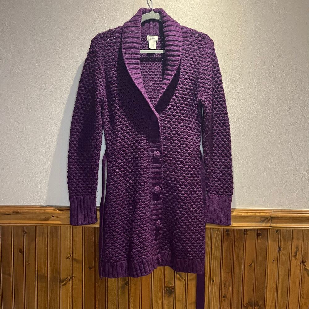 LL Bean Button Front Chunky Cardigan Sweater Long Sz S Wool Angora Belted
